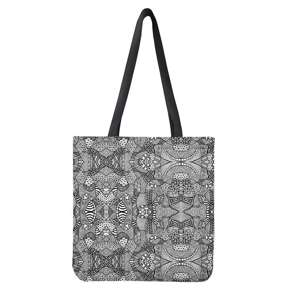 Black and White Zentangle Pattern Print Tote Bag - Polyester Double-Sided Lightweight